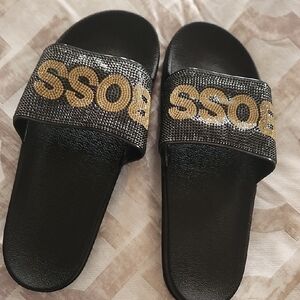 BOSS Black Slide Sandals with Gold Logo Embellishment